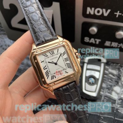 Cartier Panthre de Copy Watch White Dial Black Leather Strap 38mm